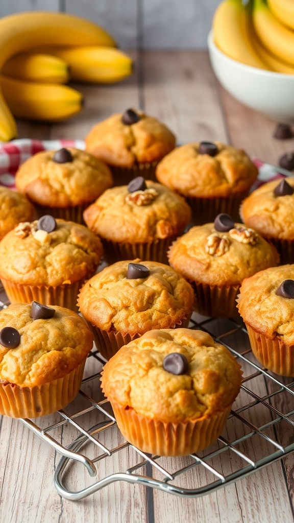 Freshly baked banana bread muffins on a cooling rack, topped with walnuts and chocolate chips.